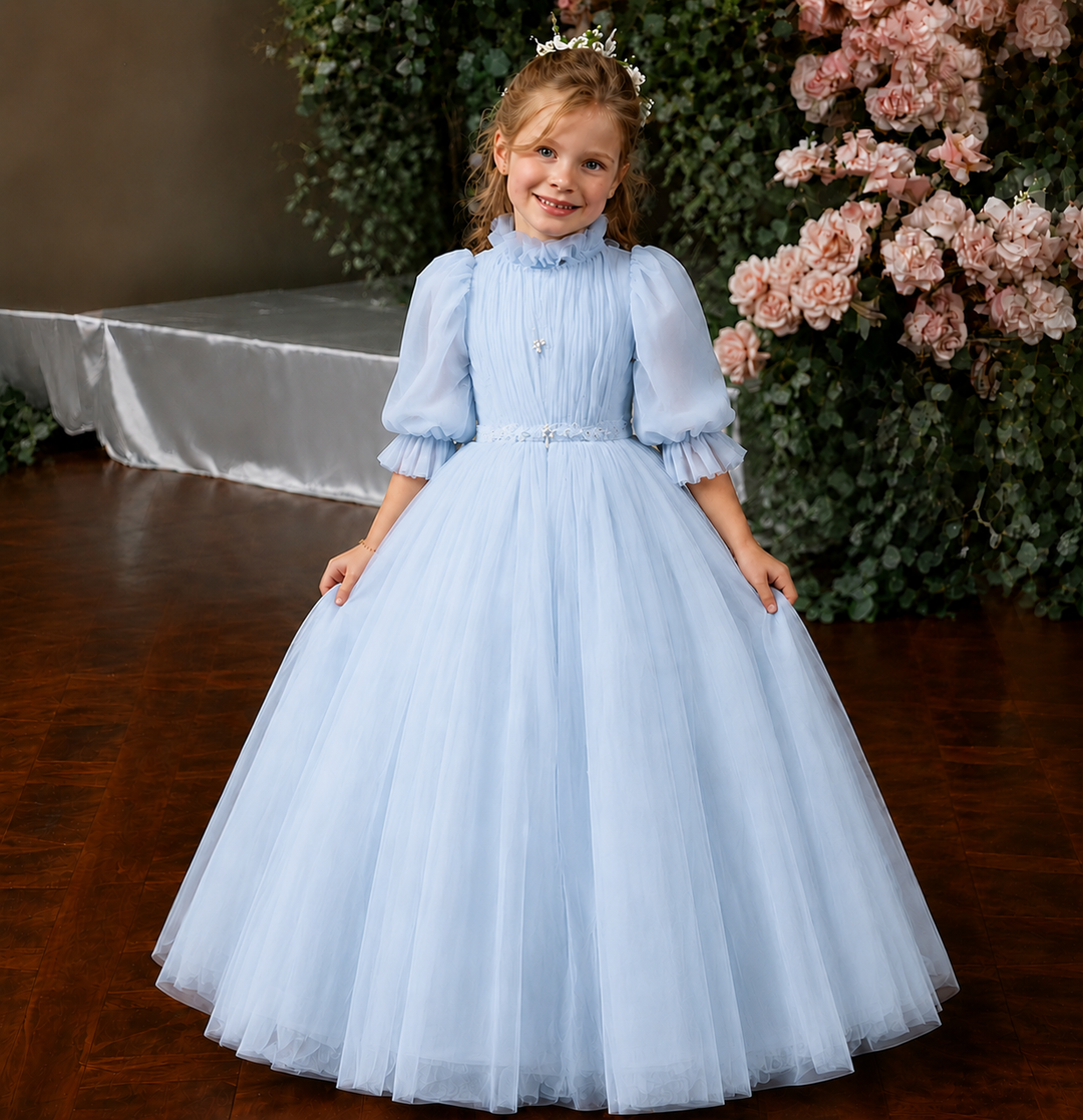 TinyTulle Elegant Blue Puff Sleeve Tulle Flower Girl Dress with High Neck &amp; Princess Skirt