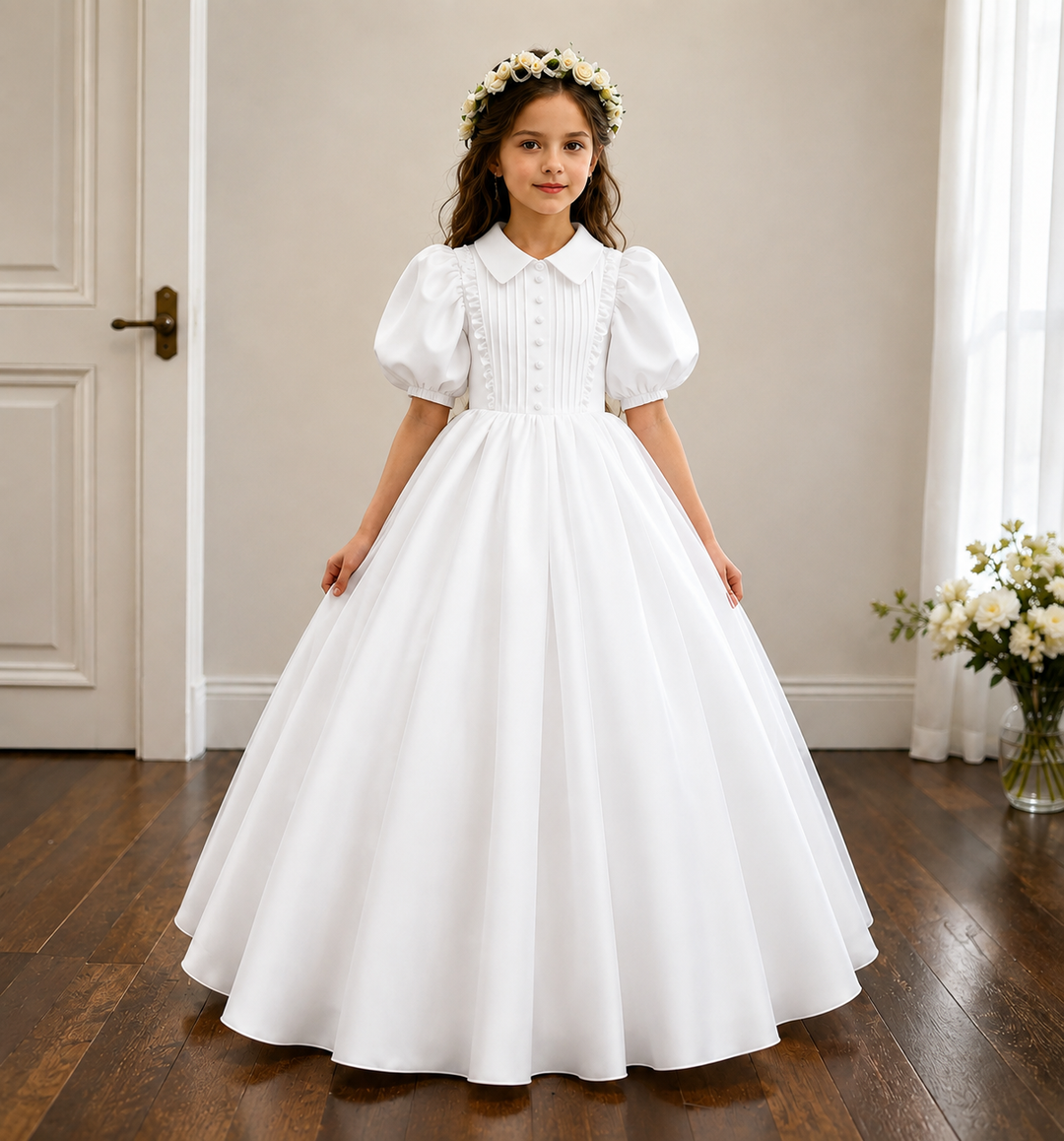 TinyTulle Elegant Ivory Puff Sleeves Ball Gown Flower Girl Dress for Wedding