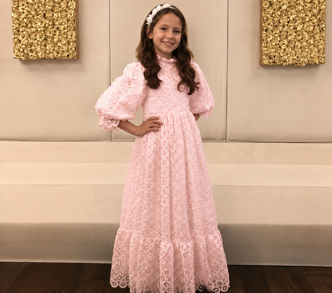 TinyTulle Vintage White Floral Lace High Neck Puff Sleeve Flower Girl Dress with Ruffle Hem