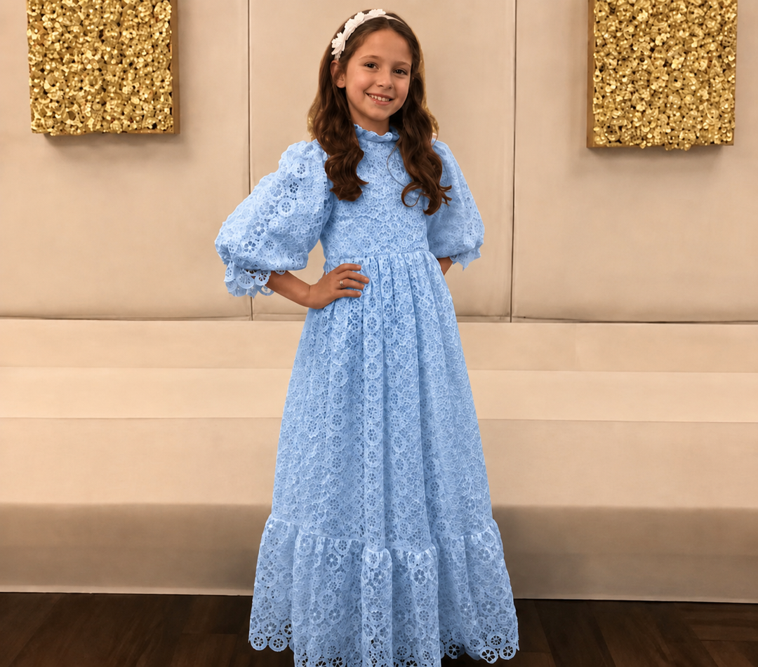 TinyTulle Vintage White Floral Lace High Neck Puff Sleeve Flower Girl Dress with Ruffle Hem