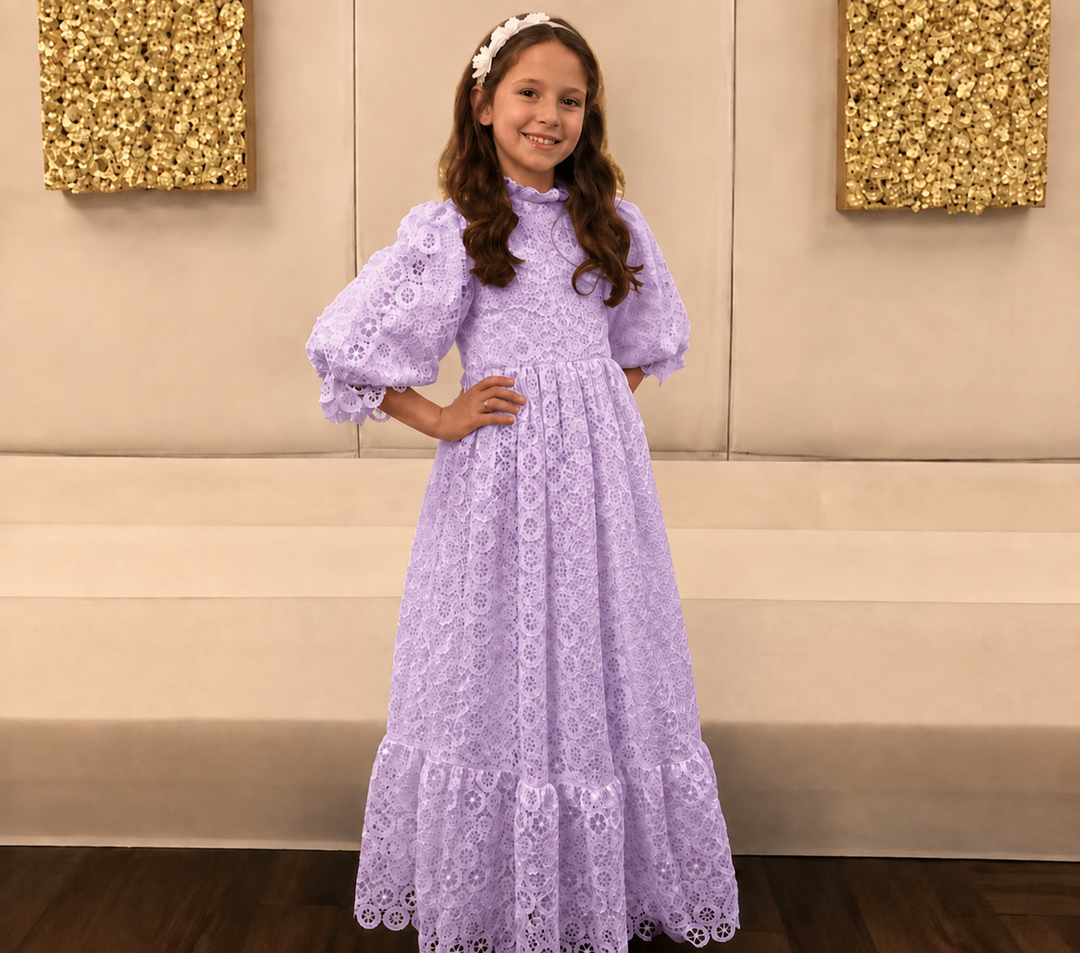 TinyTulle Vintage White Floral Lace High Neck Puff Sleeve Flower Girl Dress with Ruffle Hem