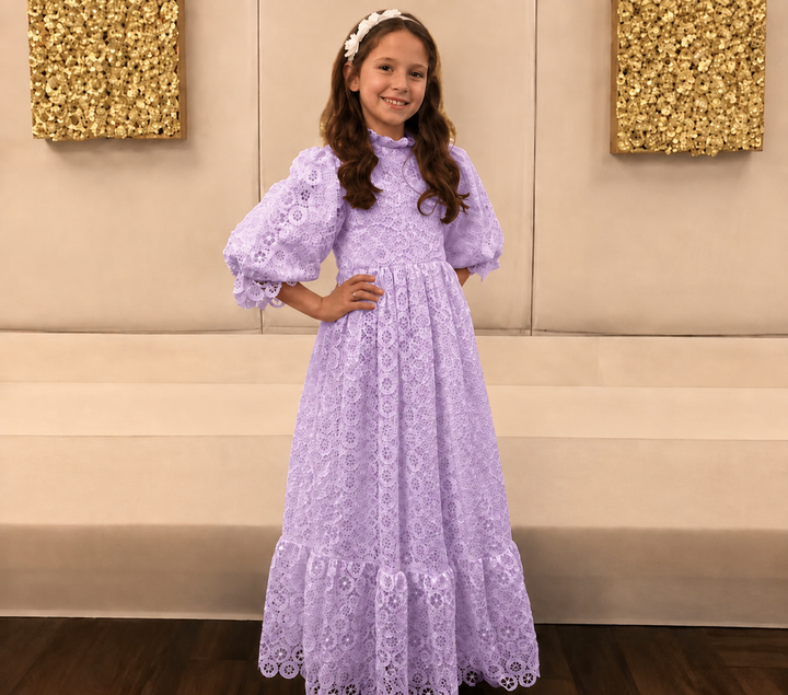 TinyTulle Vintage White Floral Lace High Neck Puff Sleeve Flower Girl Dress with Ruffle Hem