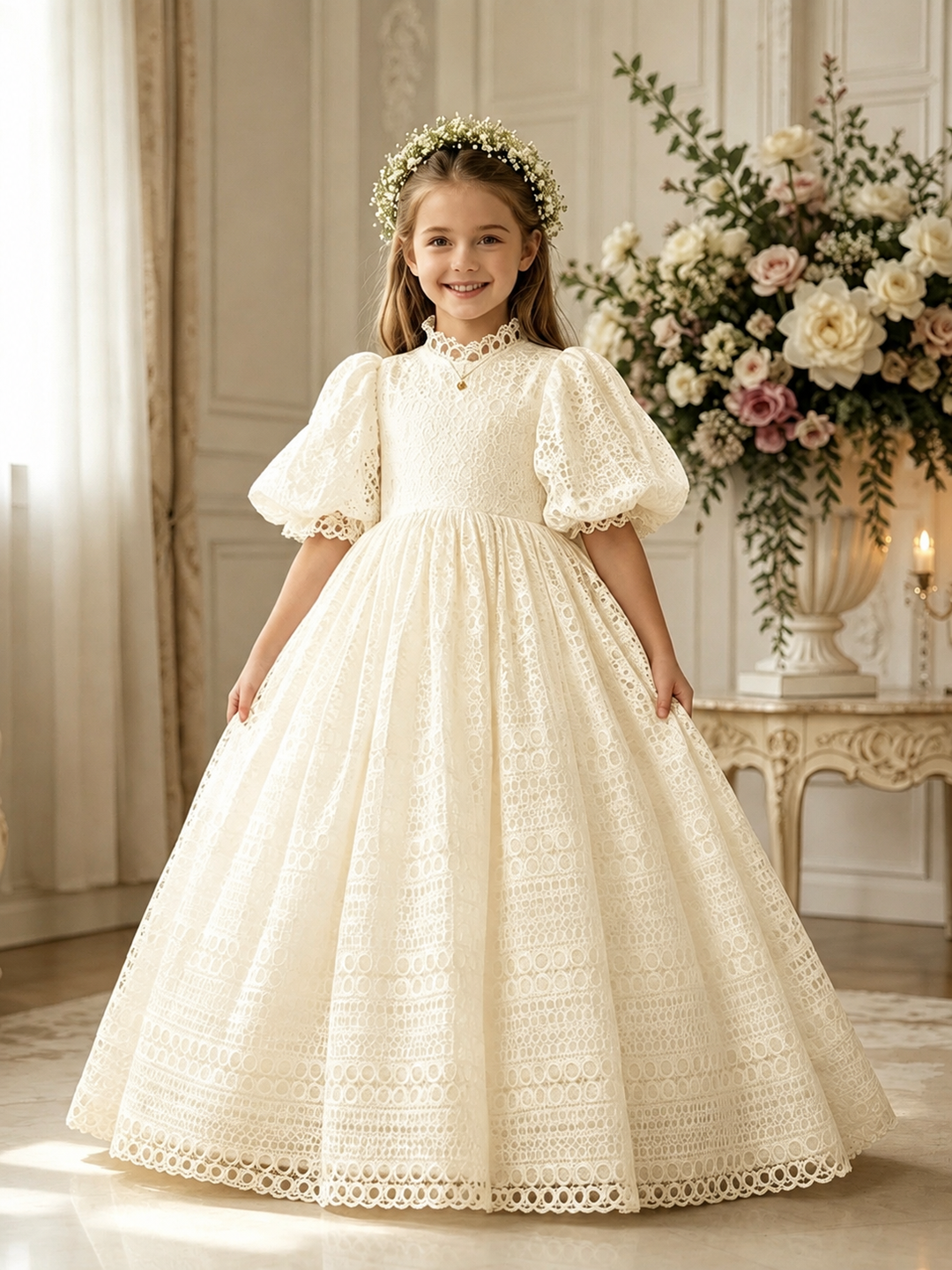 TinyTulle Vintage White High Waist Lace Puff Sleeve Ball Gown Flower Girl Dress