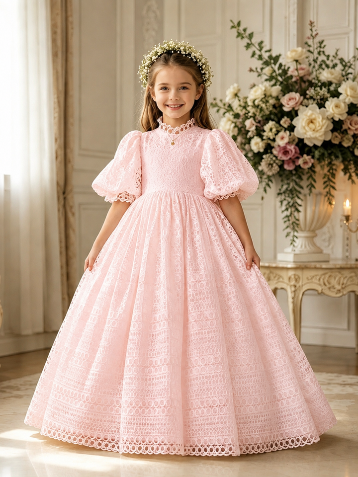 TinyTulle Vintage White High Waist Lace Puff Sleeve Ball Gown Flower Girl Dress