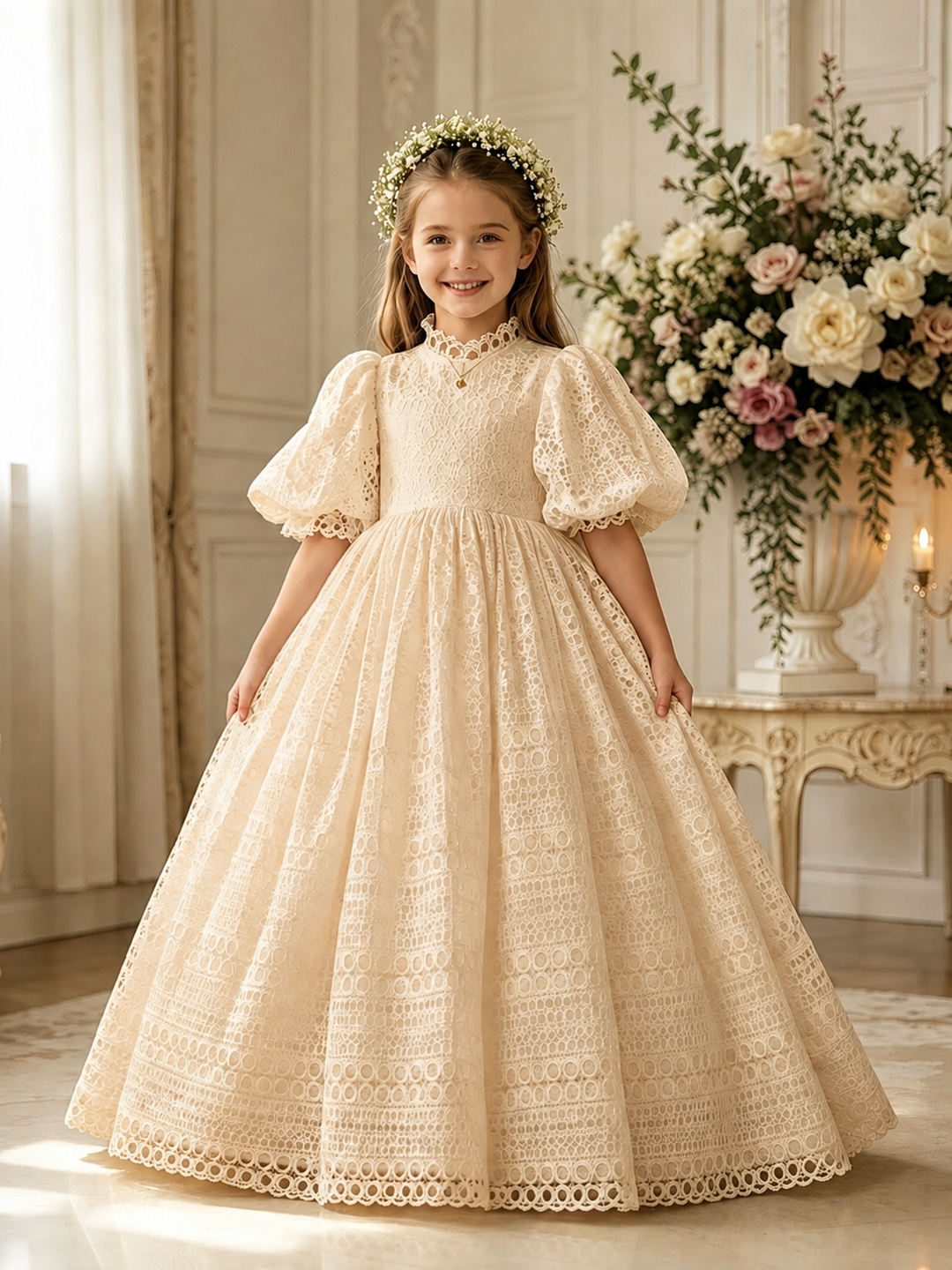 TinyTulle Vintage White High Waist Lace Puff Sleeve Ball Gown Flower Girl Dress