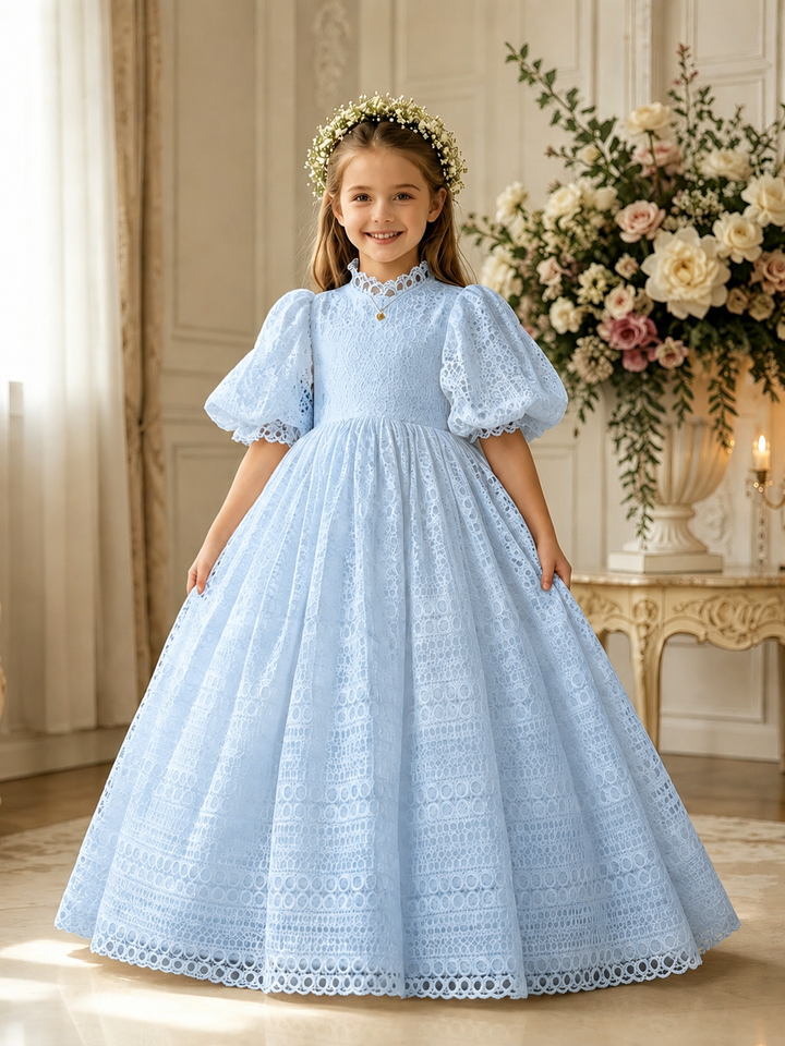TinyTulle Vintage White High Waist Lace Puff Sleeve Ball Gown Flower Girl Dress