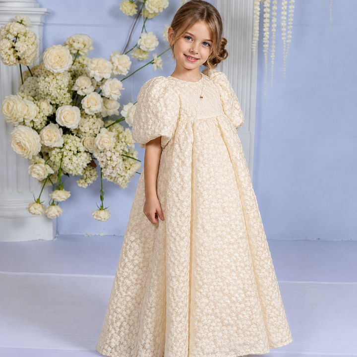 TinyTulle Vintage Lace Puff Sleeve High Waist Flower Girl Dress for First Communion &amp; Wedding