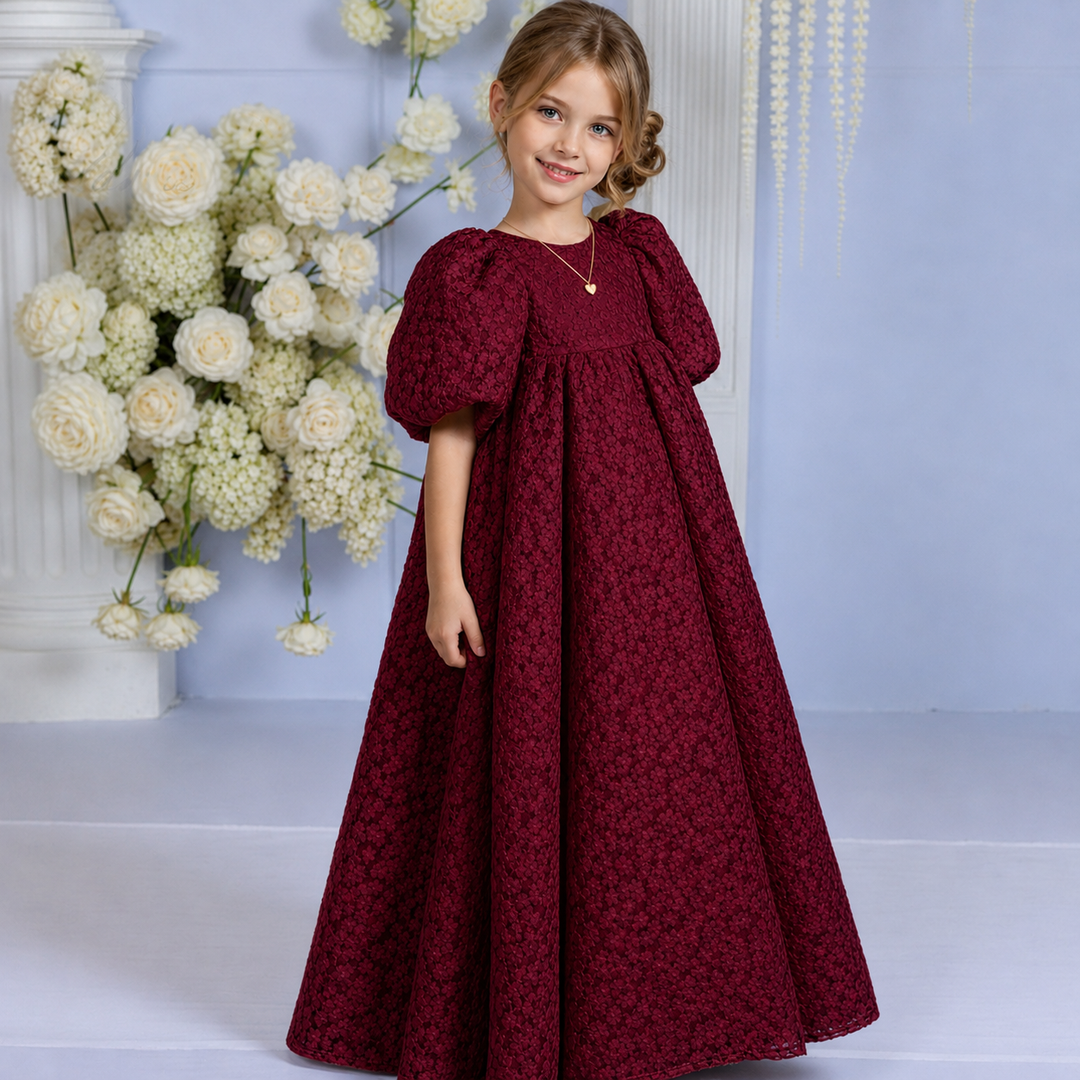 TinyTulle Vintage Lace Puff Sleeve High Waist Flower Girl Dress for First Communion &amp; Wedding