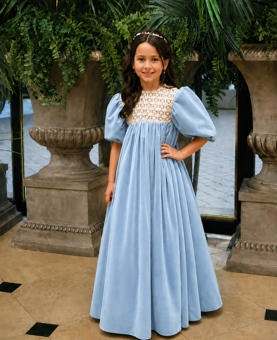 TinyTulle Vintage Dusty Orange Velvet Lace Puff Sleeve Flower Girl Dress