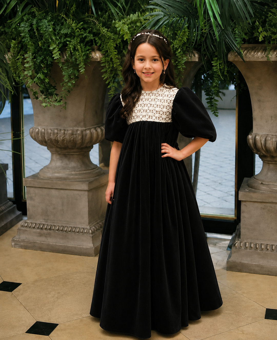 TinyTulle Vintage Dusty Orange Velvet Lace Puff Sleeve Flower Girl Dress