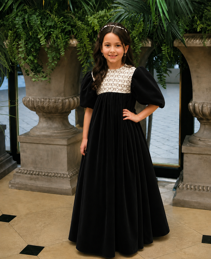 TinyTulle Vintage Dusty Orange Velvet Lace Puff Sleeve Flower Girl Dress