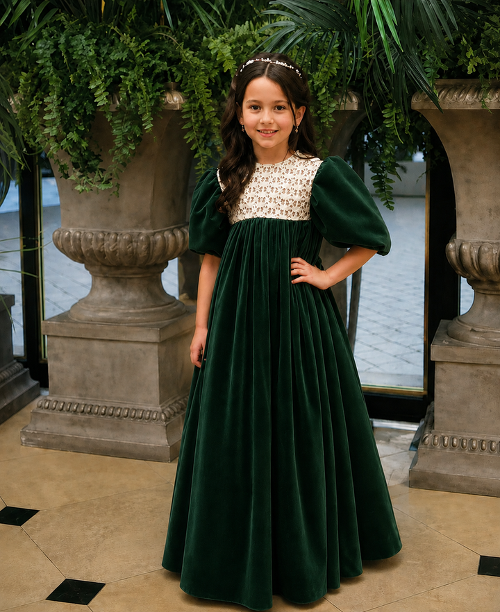 TinyTulle Vintage Dusty Orange Velvet Lace Puff Sleeve Flower Girl Dress