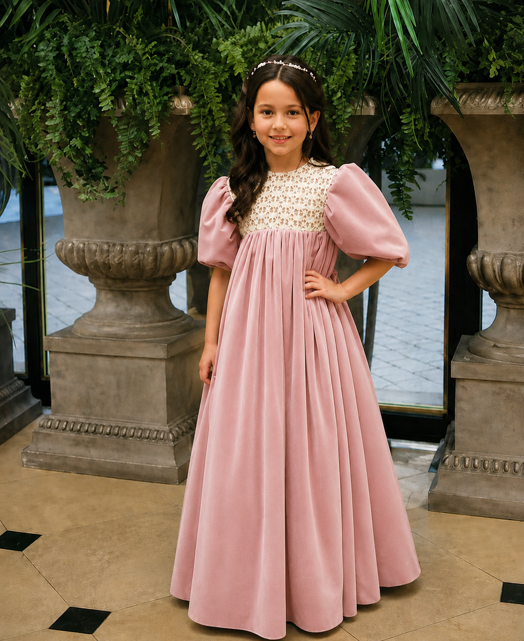 TinyTulle Vintage Dusty Orange Velvet Lace Puff Sleeve Flower Girl Dress
