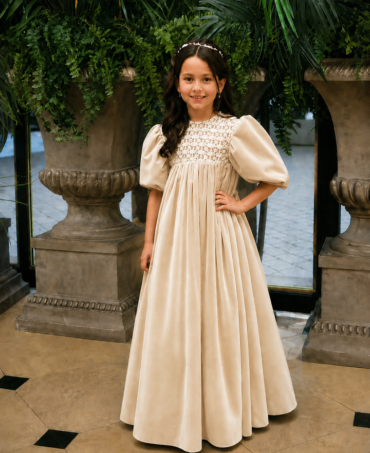 TinyTulle Vintage Dusty Orange Velvet Lace Puff Sleeve Flower Girl Dress