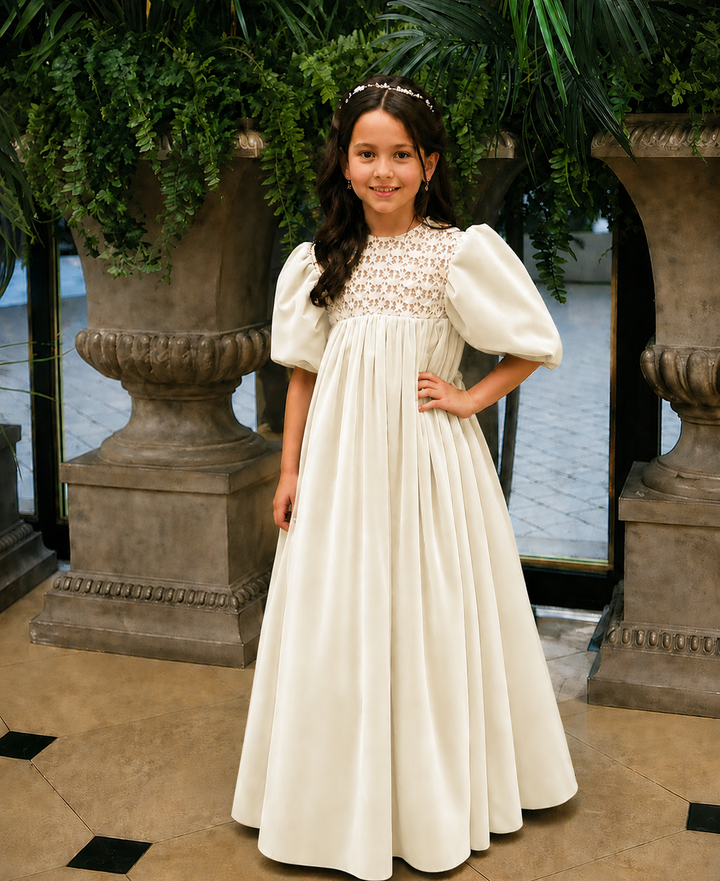 TinyTulle Vintage Dusty Orange Velvet Lace Puff Sleeve Flower Girl Dress