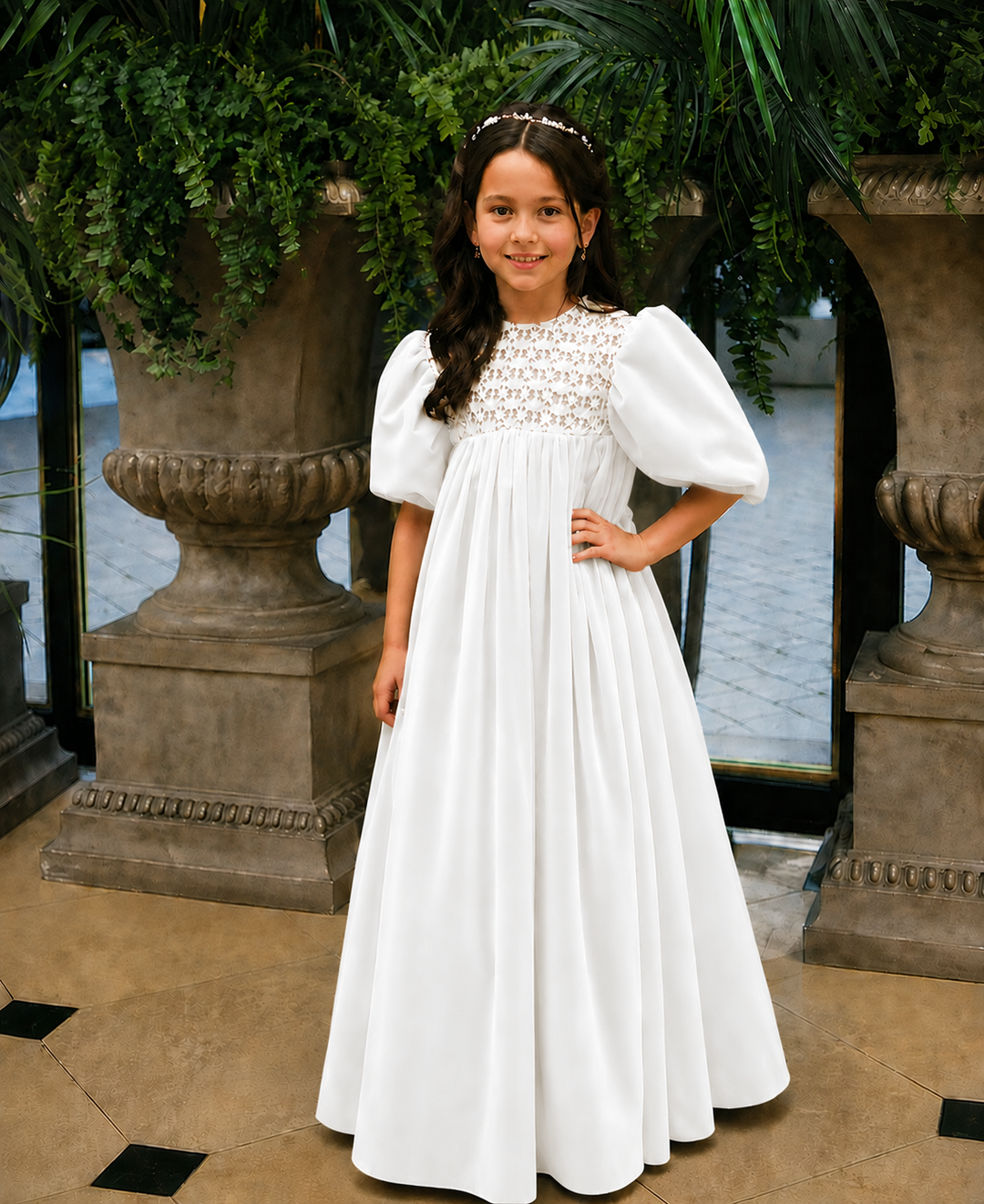 TinyTulle Vintage Dusty Orange Velvet Lace Puff Sleeve Flower Girl Dress