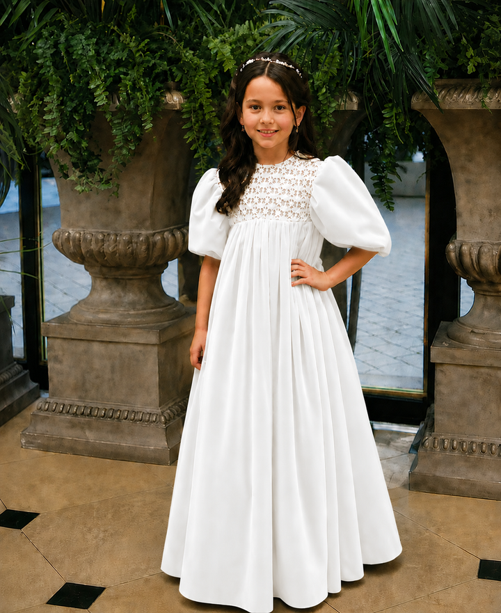 TinyTulle Vintage Dusty Orange Velvet Lace Puff Sleeve Flower Girl Dress