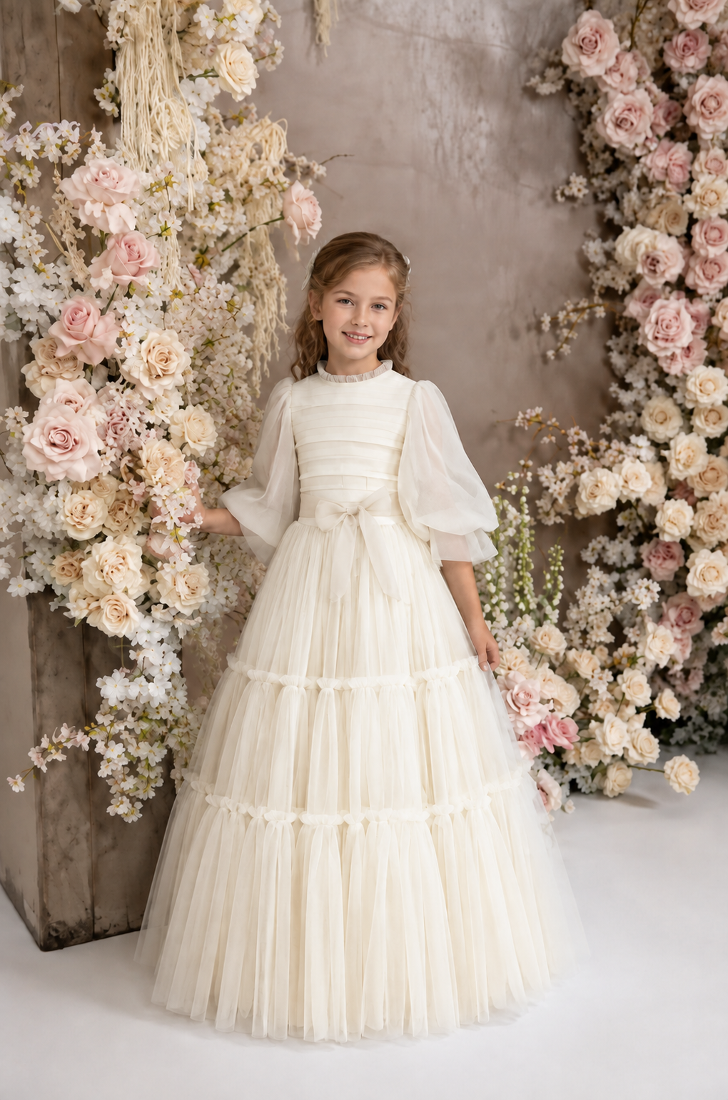 TinyTulle Elegant Light Blue Tulle Tiered Flower Girl Dress with Long Sleeves &amp; Bow Waist