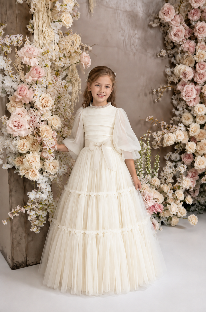 TinyTulle Elegant Light Blue Tulle Tiered Flower Girl Dress with Long Sleeves &amp; Bow Waist