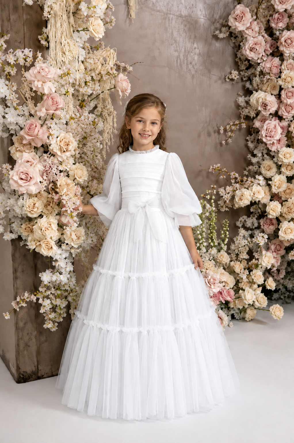 TinyTulle Elegant Light Blue Tulle Tiered Flower Girl Dress with Long Sleeves &amp; Bow Waist