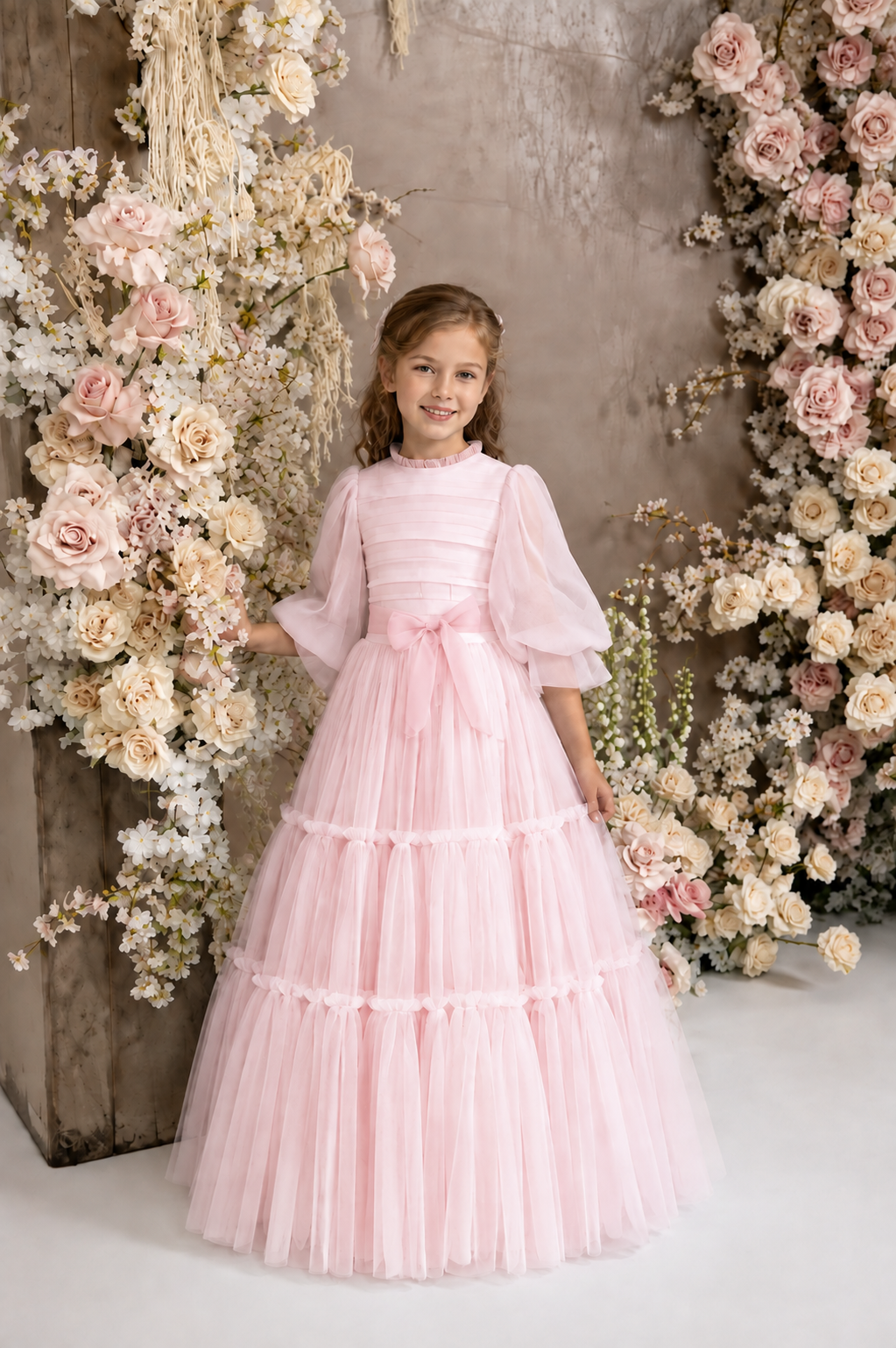 TinyTulle Elegant Light Blue Tulle Tiered Flower Girl Dress with Long Sleeves &amp; Bow Waist