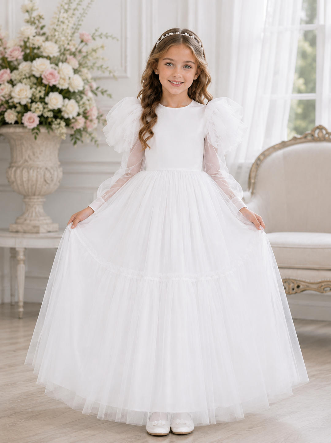 TinyTulle Light Pink Long Puff Sleeve Princess Flower Girl Dress with Bow