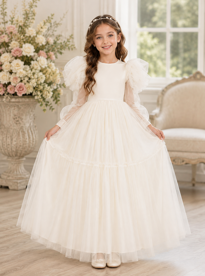 TinyTulle Light Pink Long Puff Sleeve Princess Flower Girl Dress with Bow