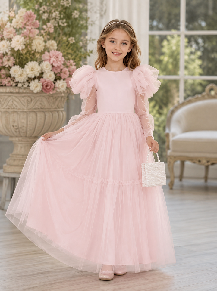 TinyTulle Light Pink Long Puff Sleeve Princess Flower Girl Dress with Bow