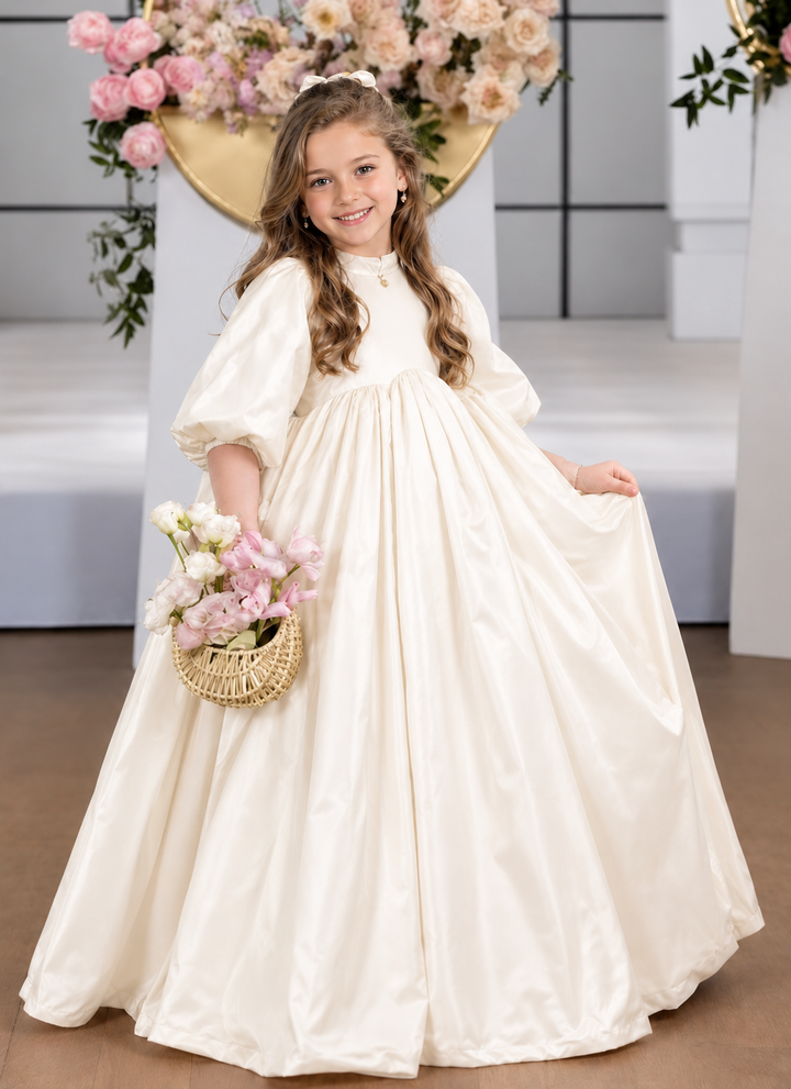 TinyTulle Elegant Blush Pink Satin Empire Waist Flower Girl Dress