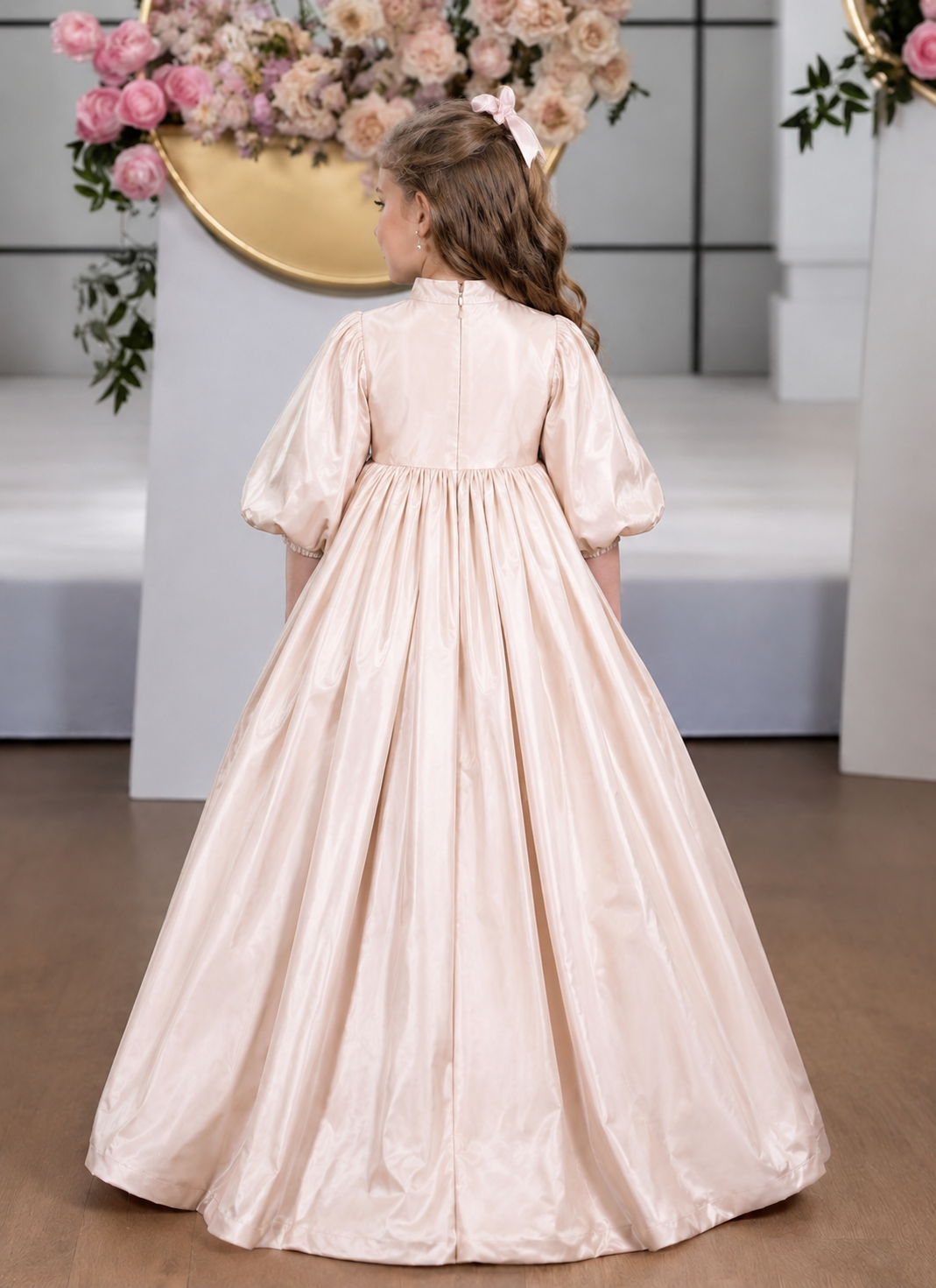 TinyTulle Elegant Blush Pink Satin Empire Waist Flower Girl Dress