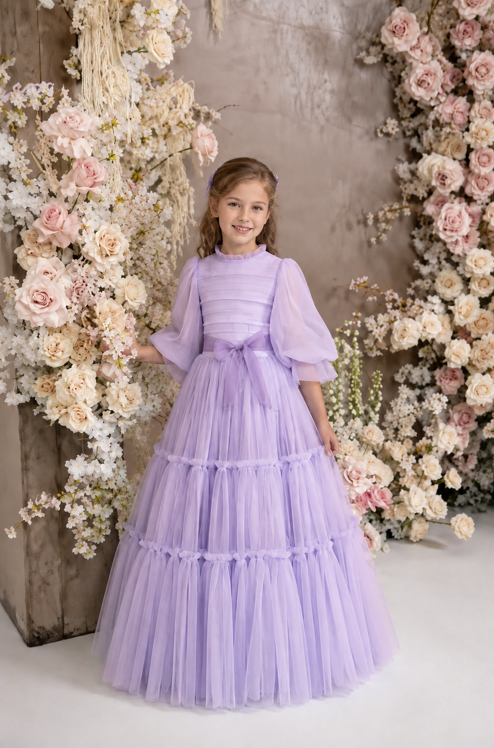 TinyTulle Elegant Light Blue Tulle Tiered Flower Girl Dress with Long Sleeves &amp; Bow Waist