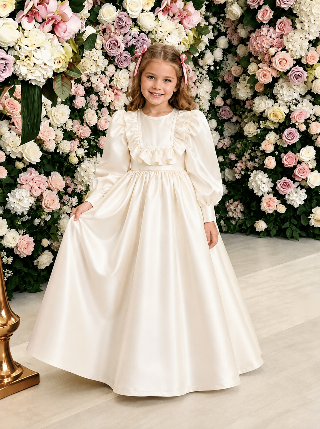 TinyTulle Elegant Satin Puff Sleeve Flower Girl Dress for Wedding &amp; First Communion