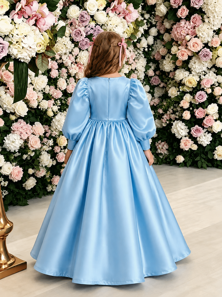 TinyTulle Elegant Satin Puff Sleeve Flower Girl Dress for Wedding &amp; First Communion