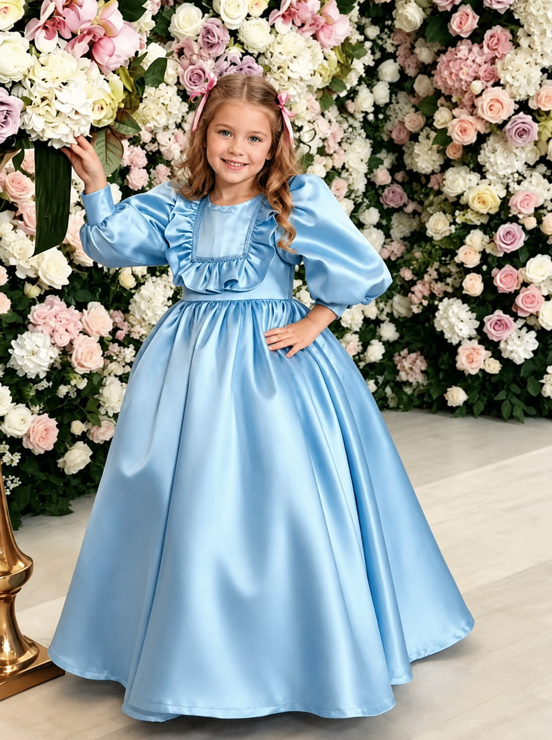 TinyTulle Elegant Satin Puff Sleeve Flower Girl Dress for Wedding &amp; First Communion