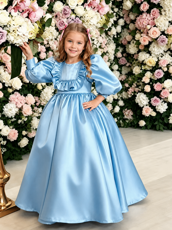 TinyTulle Elegant Satin Puff Sleeve Flower Girl Dress for Wedding &amp; First Communion