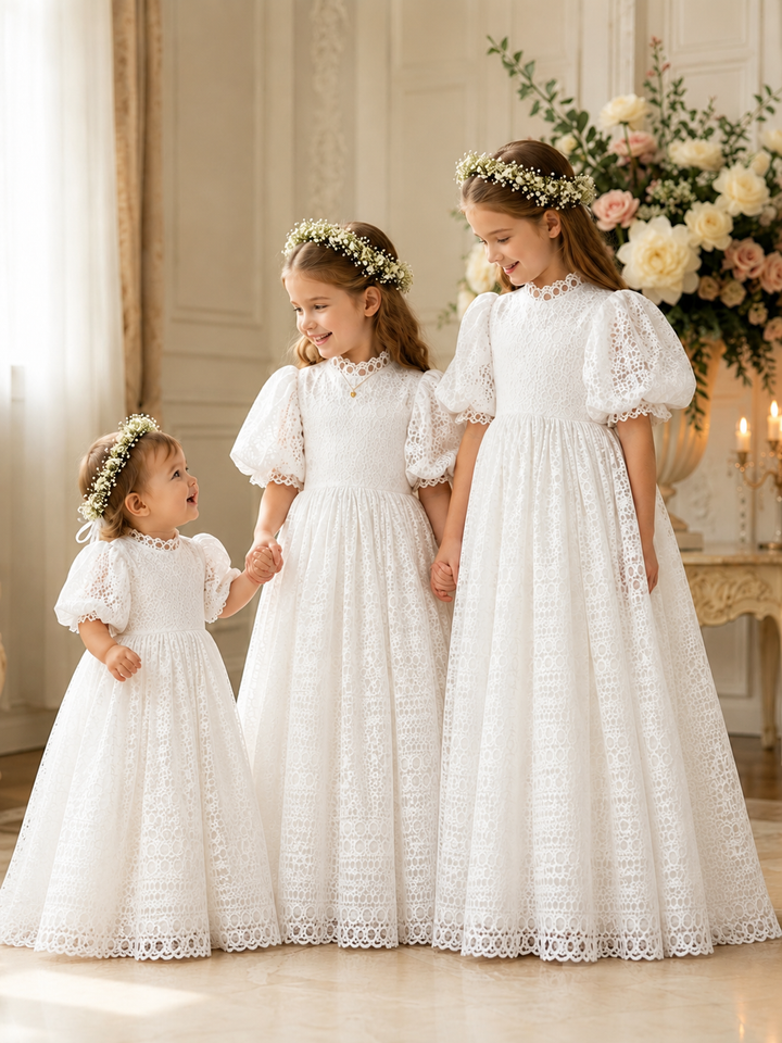 TinyTulle Vintage White High Waist Lace Puff Sleeve Ball Gown Flower Girl Dress