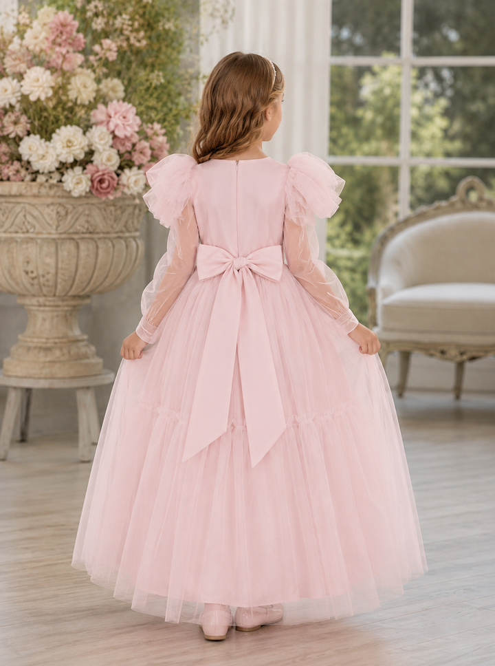 TinyTulle Light Pink Long Puff Sleeve Princess Flower Girl Dress with Bow