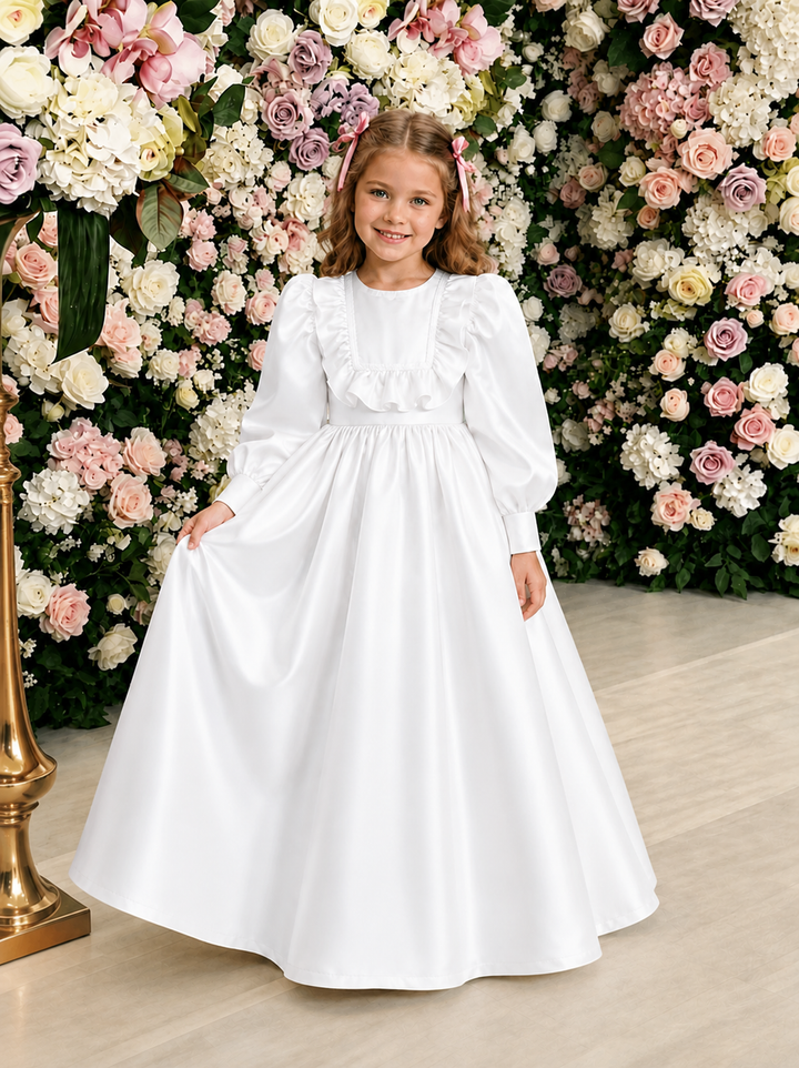 TinyTulle Elegant Satin Puff Sleeve Flower Girl Dress for Wedding &amp; First Communion