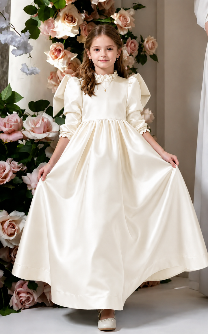 TinyTulle Elegant Dusty Blue Satin Puff Sleeve Flower Girl Dress with Big Bow