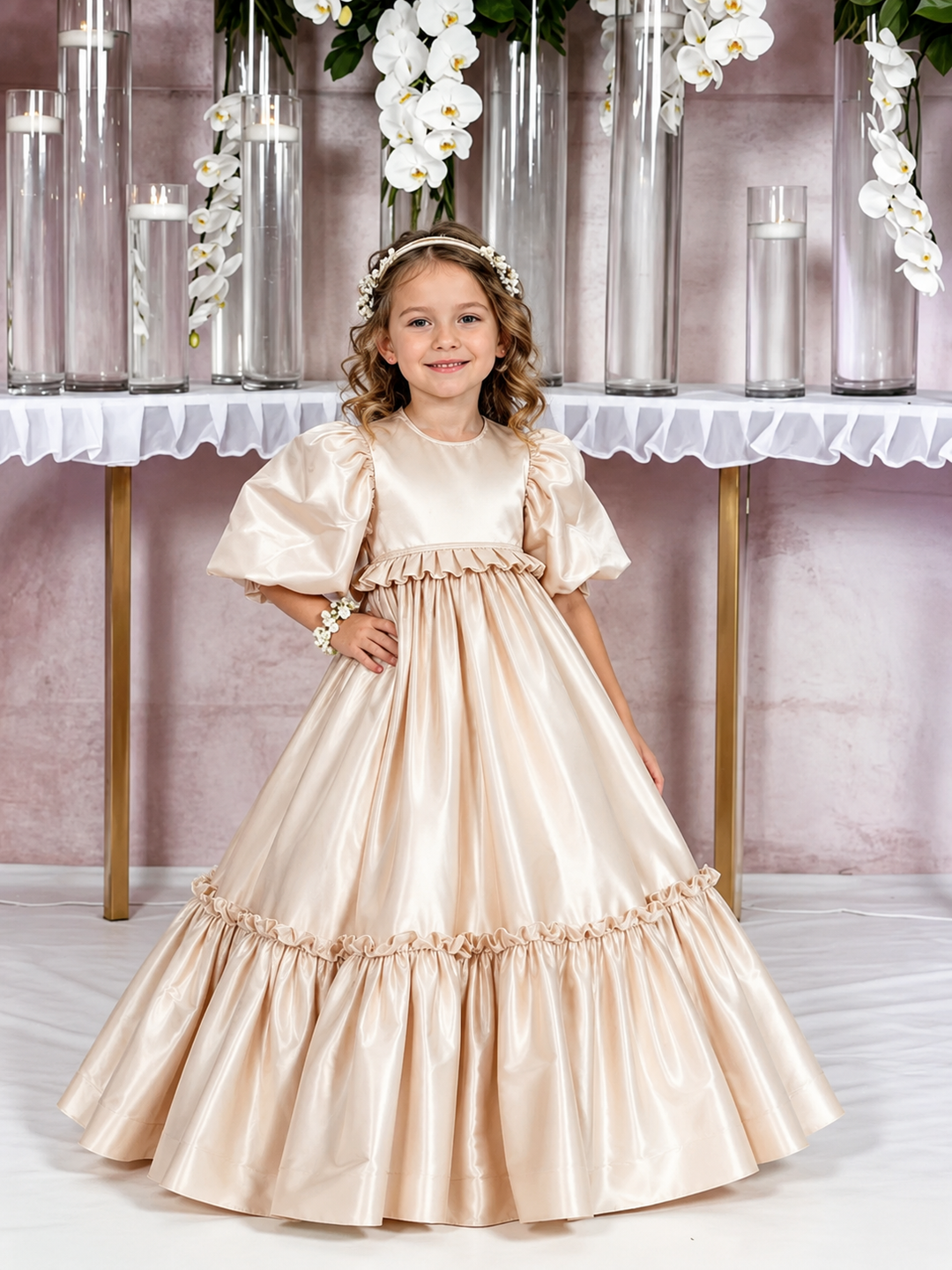 TinyTulle Champagne Satin High Ruffle Waist Flower Girl Dress for Special Occasions