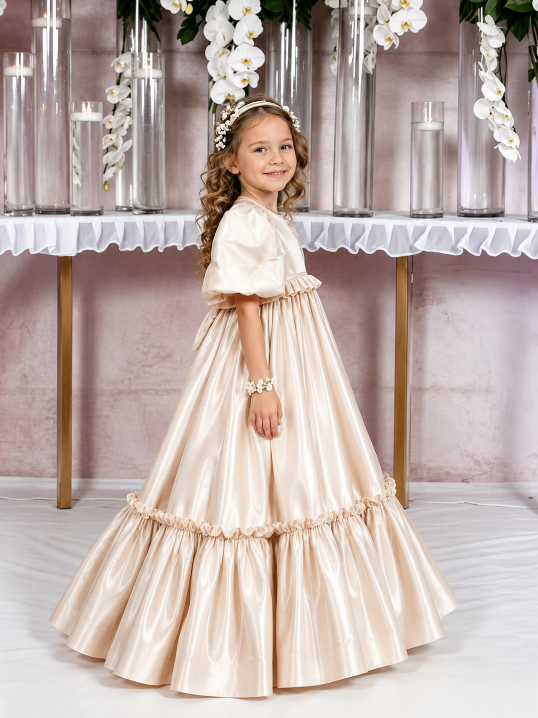 TinyTulle Champagne Satin High Ruffle Waist Flower Girl Dress for Special Occasions