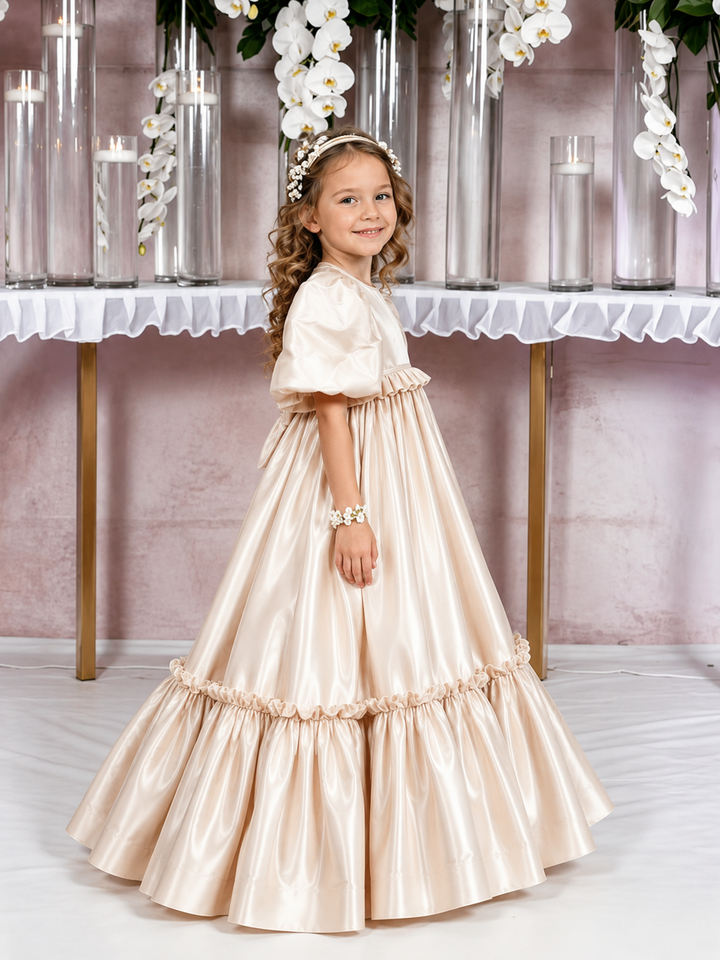 TinyTulle Champagne Satin High Ruffle Waist Flower Girl Dress for Special Occasions