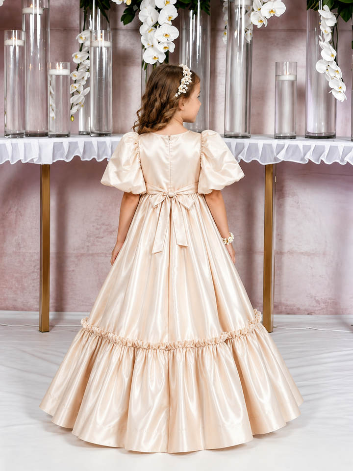 TinyTulle Champagne Satin High Ruffle Waist Flower Girl Dress for Special Occasions
