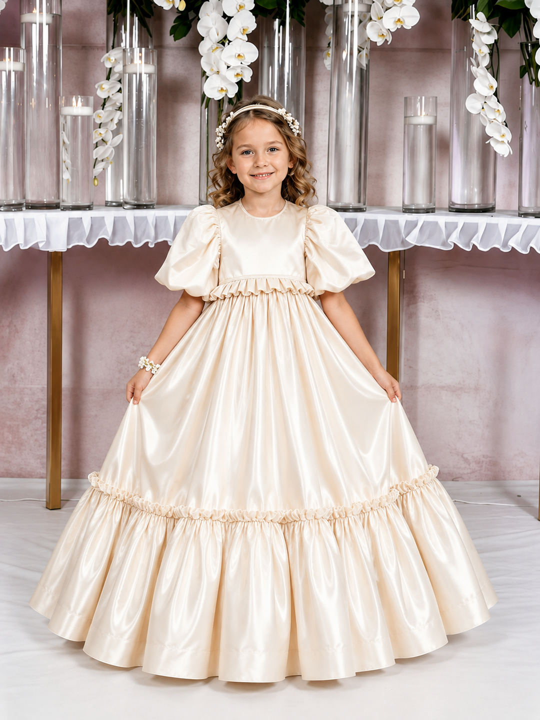 TinyTulle Champagne Satin High Ruffle Waist Flower Girl Dress for Special Occasions