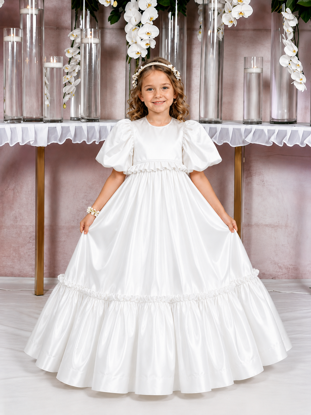TinyTulle Champagne Satin High Ruffle Waist Flower Girl Dress for Special Occasions