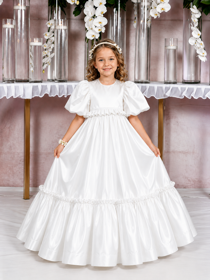TinyTulle Champagne Satin High Ruffle Waist Flower Girl Dress for Special Occasions
