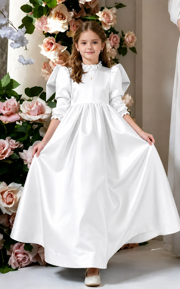 TinyTulle Elegant Dusty Blue Satin Puff Sleeve Flower Girl Dress with Big Bow