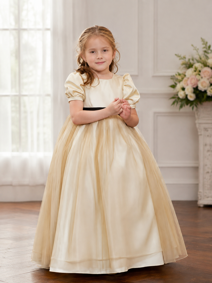 TinyTulle Classic Champagne Satin Puff Sleeve Flower Girl Dress with Black Sash
