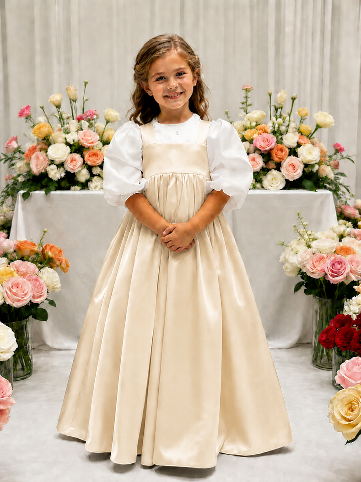 TinyTulle Elegant Ivory Satin High-Waist Puff Sleeve Flower Girl Dress for Weddings