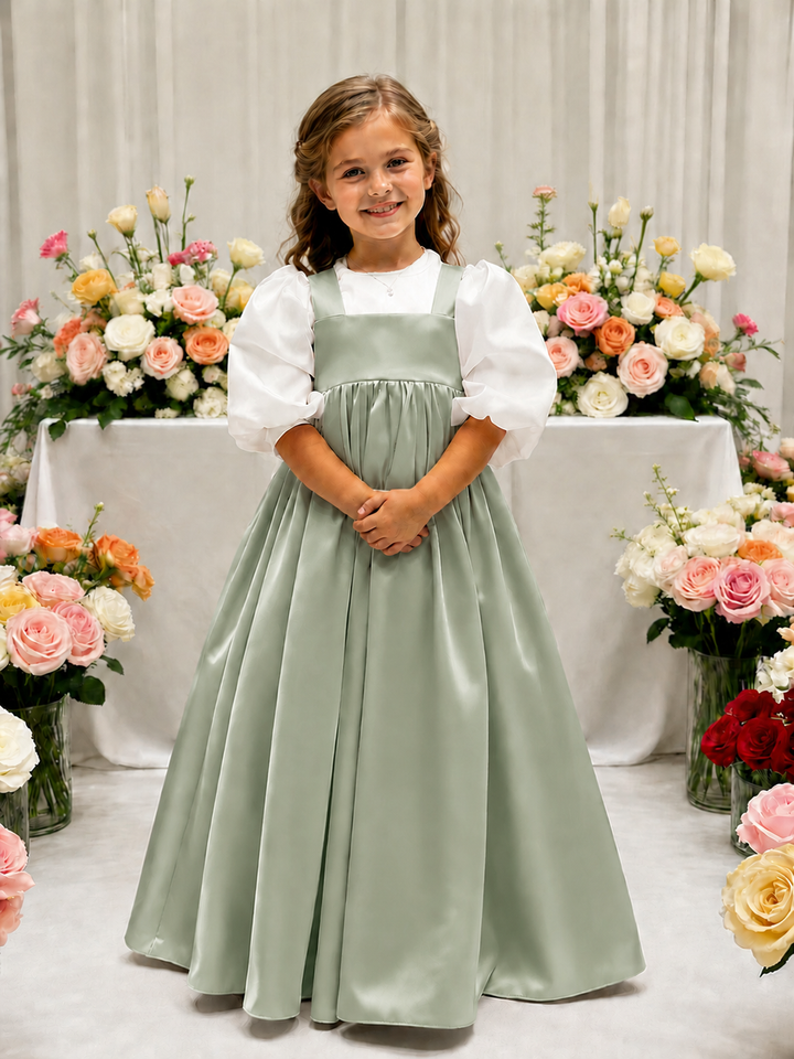 TinyTulle Elegant Ivory Satin High-Waist Puff Sleeve Flower Girl Dress for Weddings